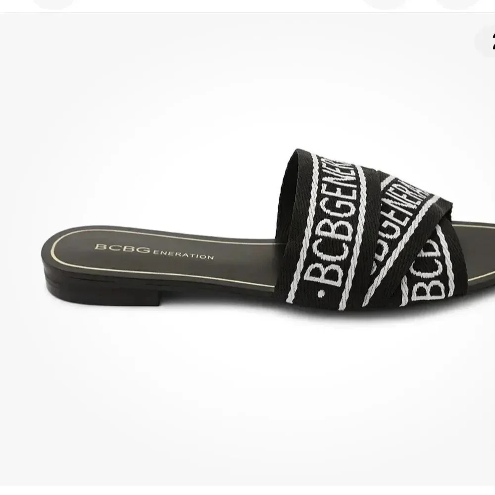 BCBGeneration  KALA Black White Logo Flat Sandals Slides Size 9​ - Picture 2 of 14